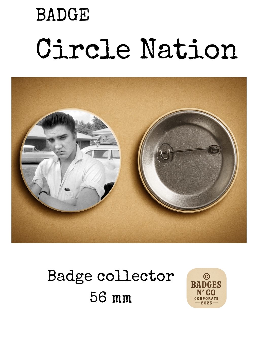 Elvis Presley – badge 56 mm : Le King gravé à jamais dans l’or du rock’n’roll