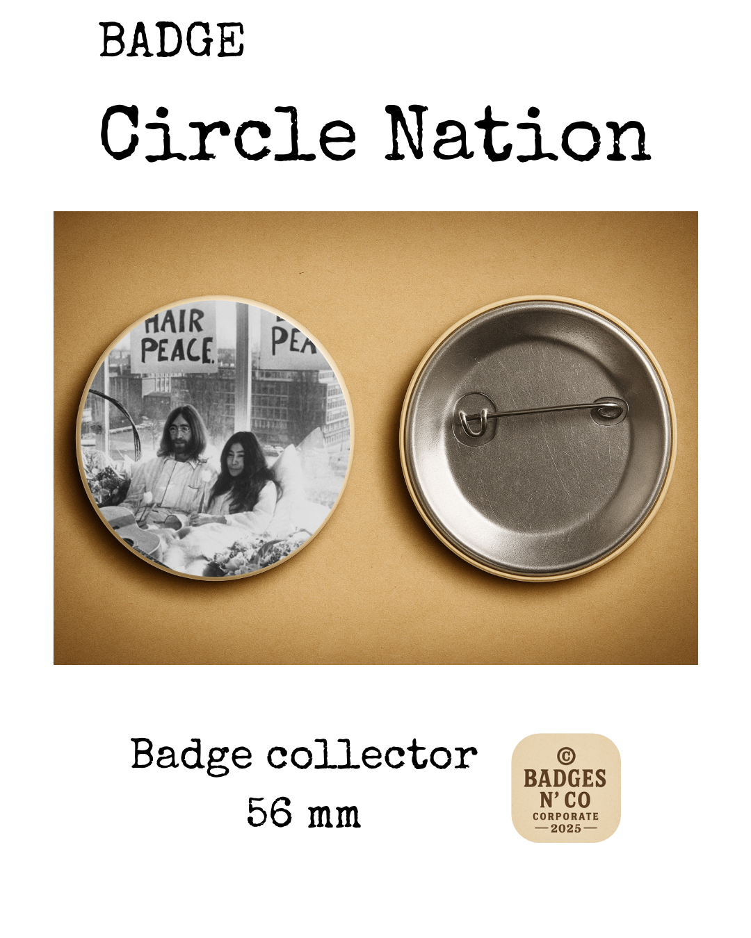 John Lennon & Yoko Ono – badge 56 mm : L’art de la paix gravé en amour radical