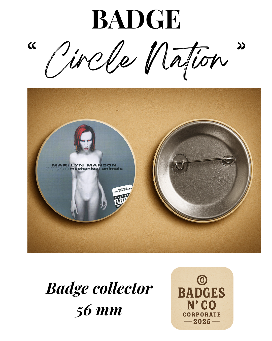 🕷️ Marilyn Manson – badge 56 mm : L’esthétique sombre et provocatrice figée dans le métal 🦇