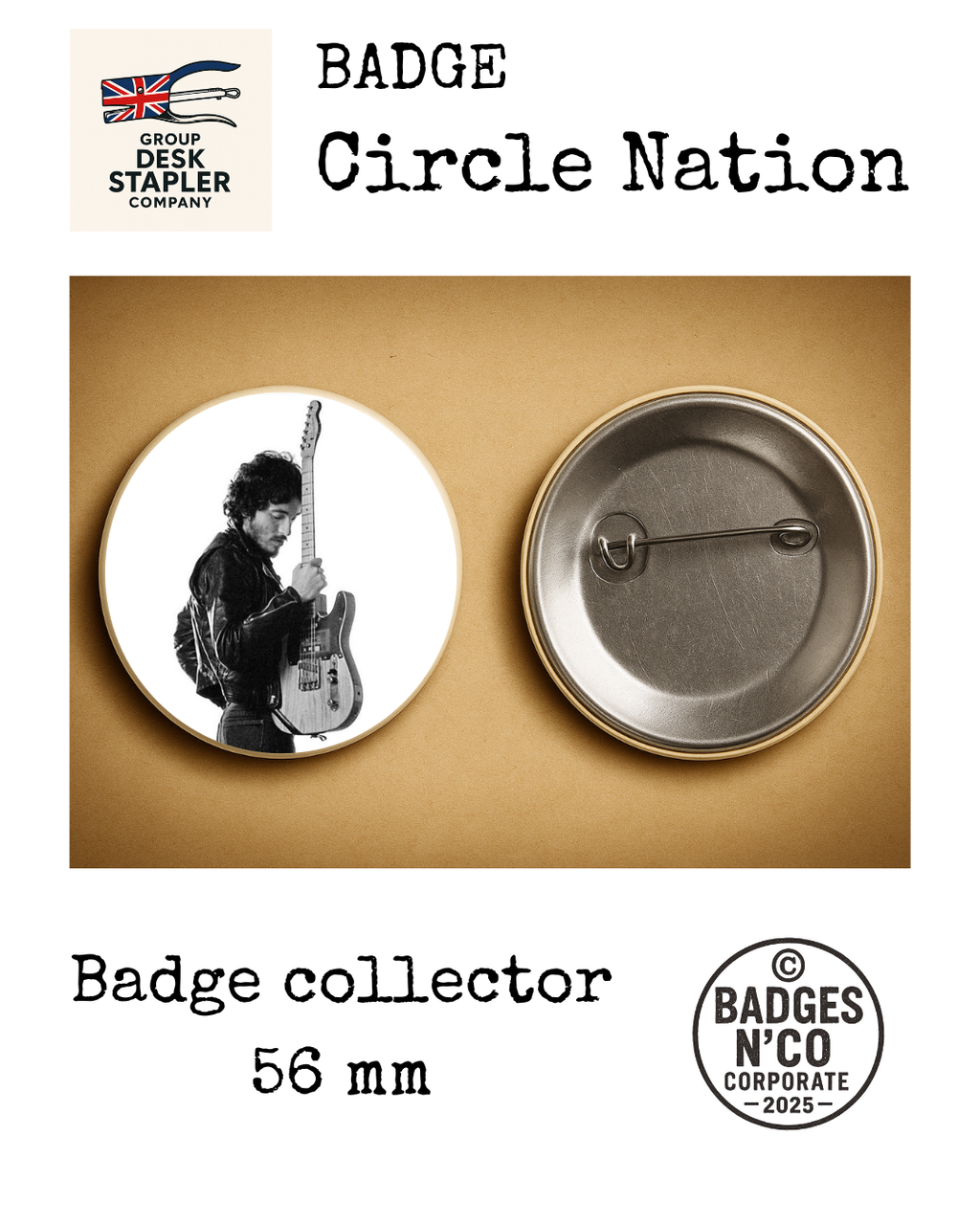 Bruce Springsteen – badge 56 mm : Le rock du cœur gravé dans l’Amérique des rêves et des luttes