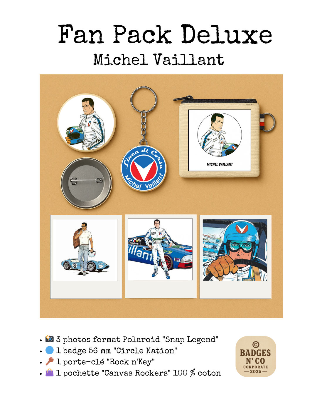 Fan Pack Deluxe Michel Vaillant – Badge 56 mm, Porte-clé, Pochette &amp; Photos Collector
